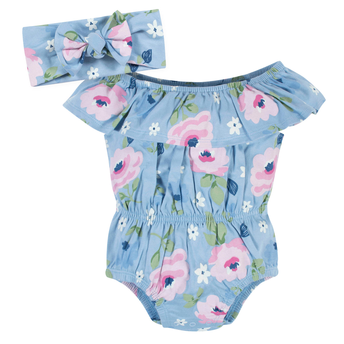 2-Piece Baby Girls Periwinkle Garden Wide Neck Romper & Headband Set