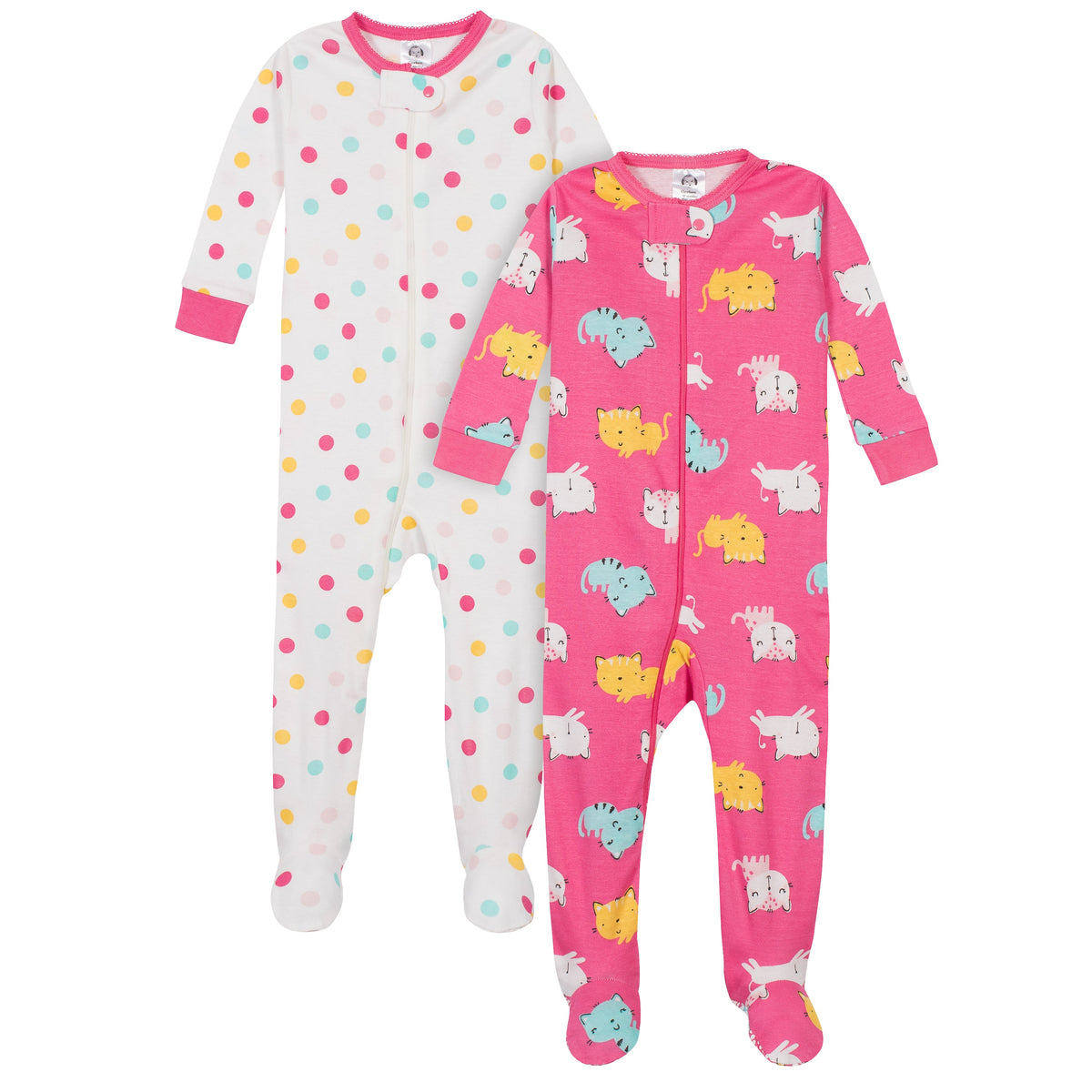 2-Pack Girls Cats Snug Fit Footed Cotton Pajamas