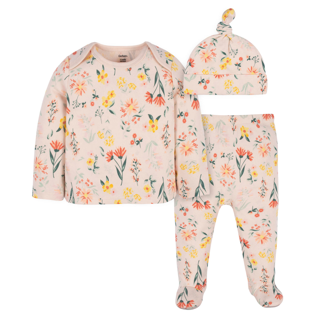 3-Piece Baby Girls Wildflower Long Sleeve Shirt, Footed Pant, & Cap Set