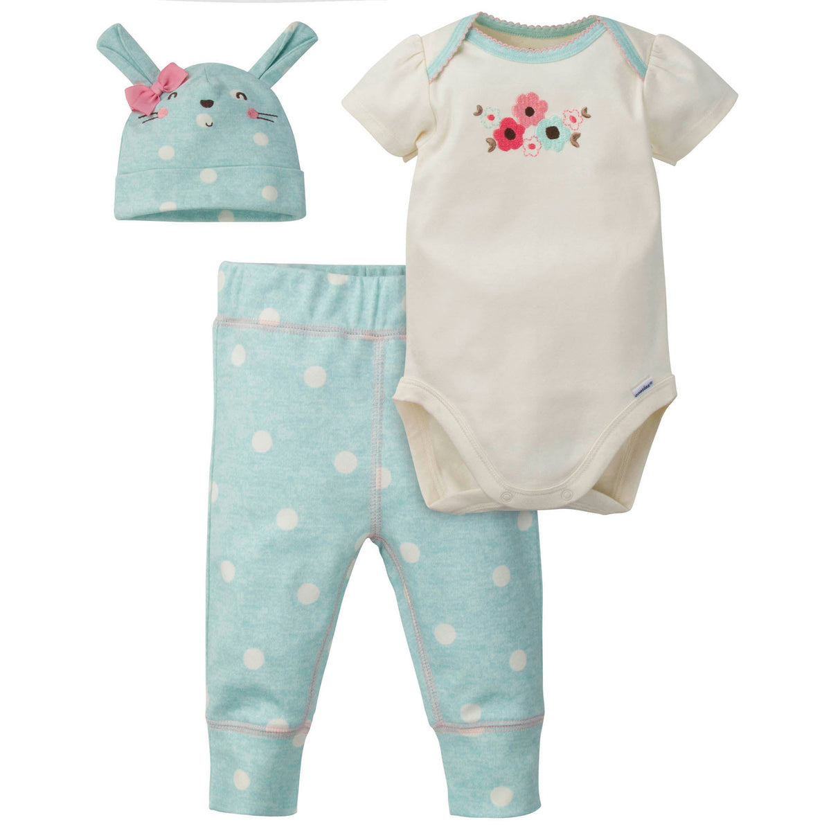 3-Piece Organic Baby Girls Floral Bunny Onesies Bodysuit, Pant, & Cap Set