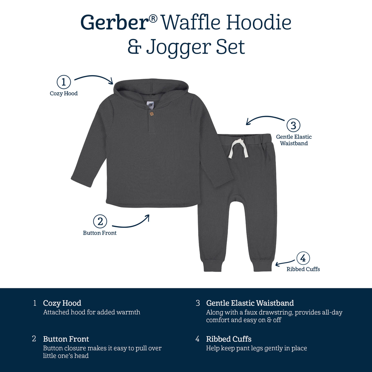2-Piece Infant & Toddler Boys Charcoal Waffle Hoodie & Jogger Set, view 8