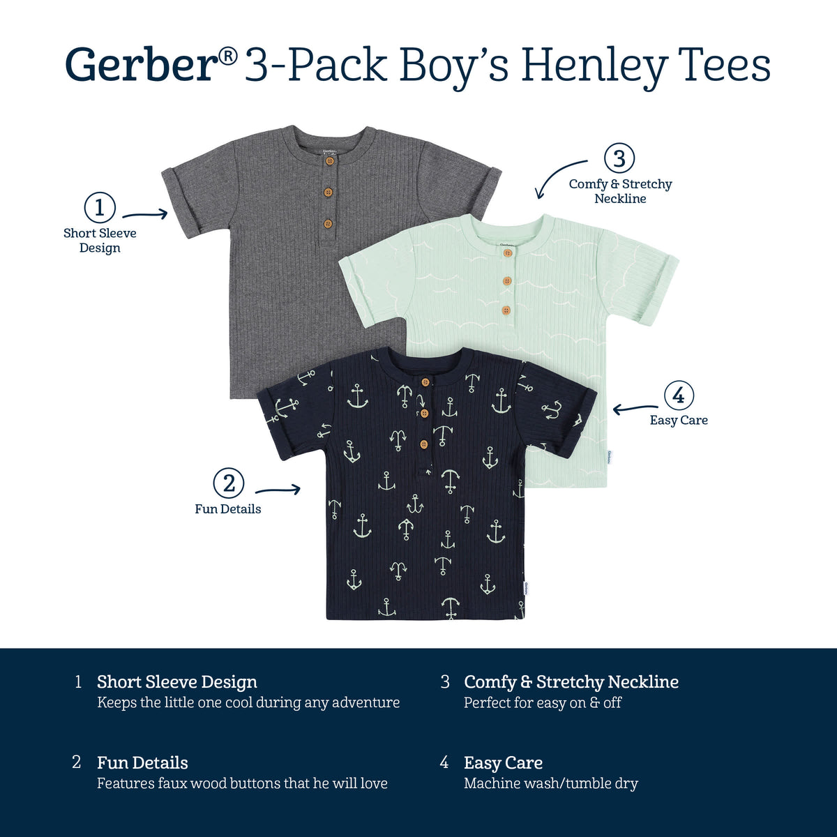 3-Pack Infant and Toddler Boys Anchor Henley T-Shirts, view 6