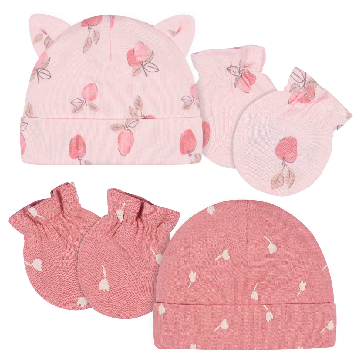 4-Piece Baby Girls Appley Sweet Cap & Mitten Set