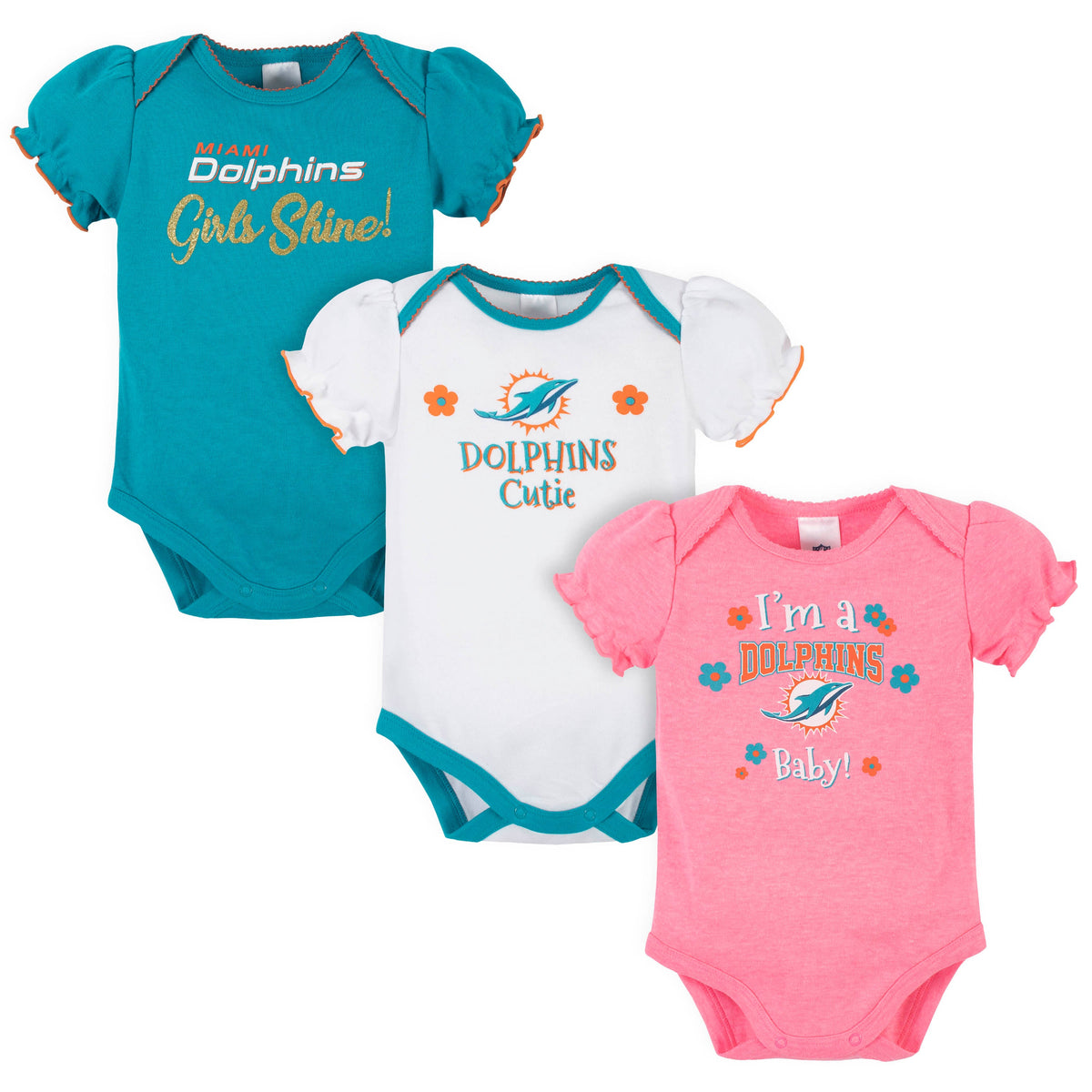 3-Pack Miami Dolphins Short Sleeve Bodysuits