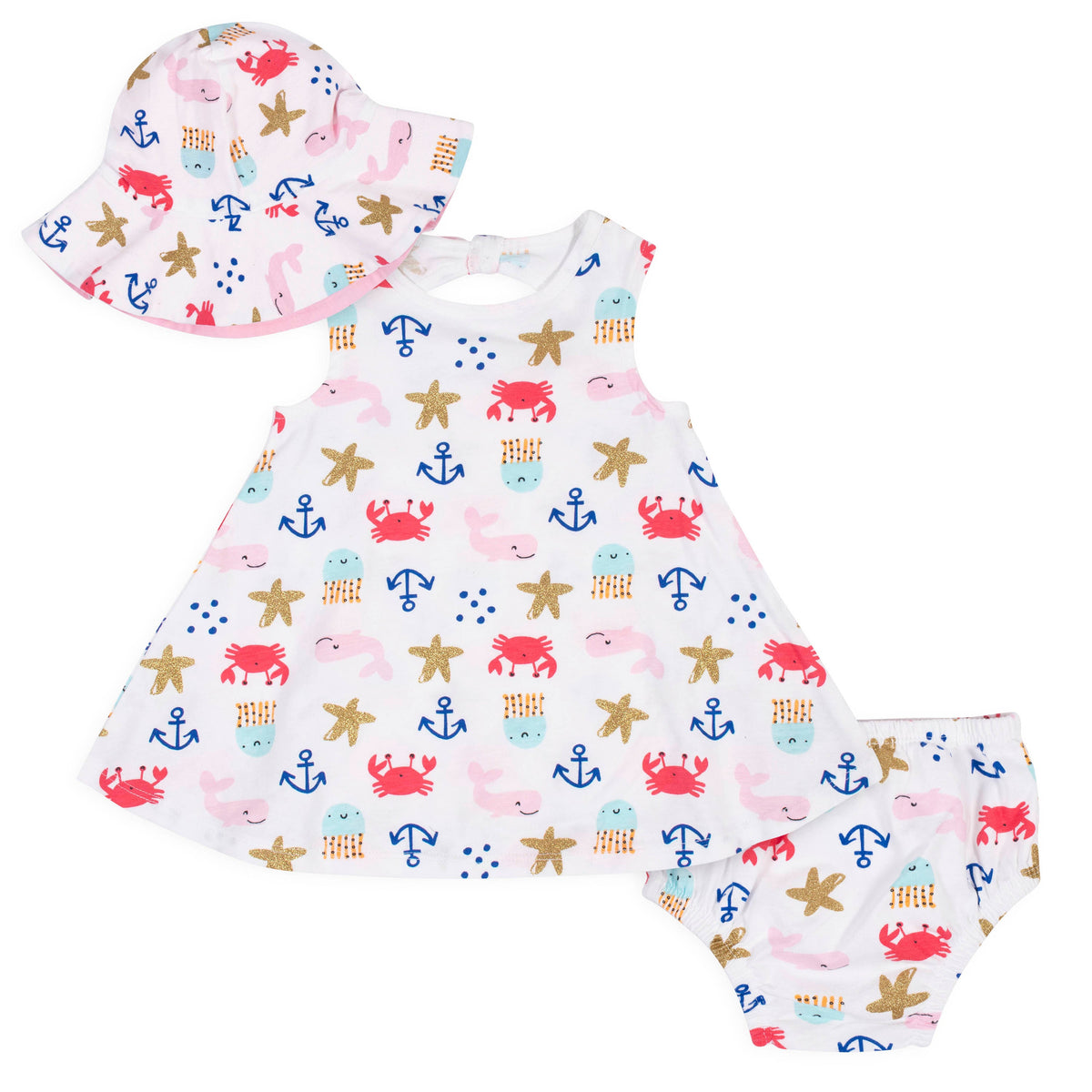 3-Piece Girls Sea Creatures Dress, Diaper Cover, and Hat Set