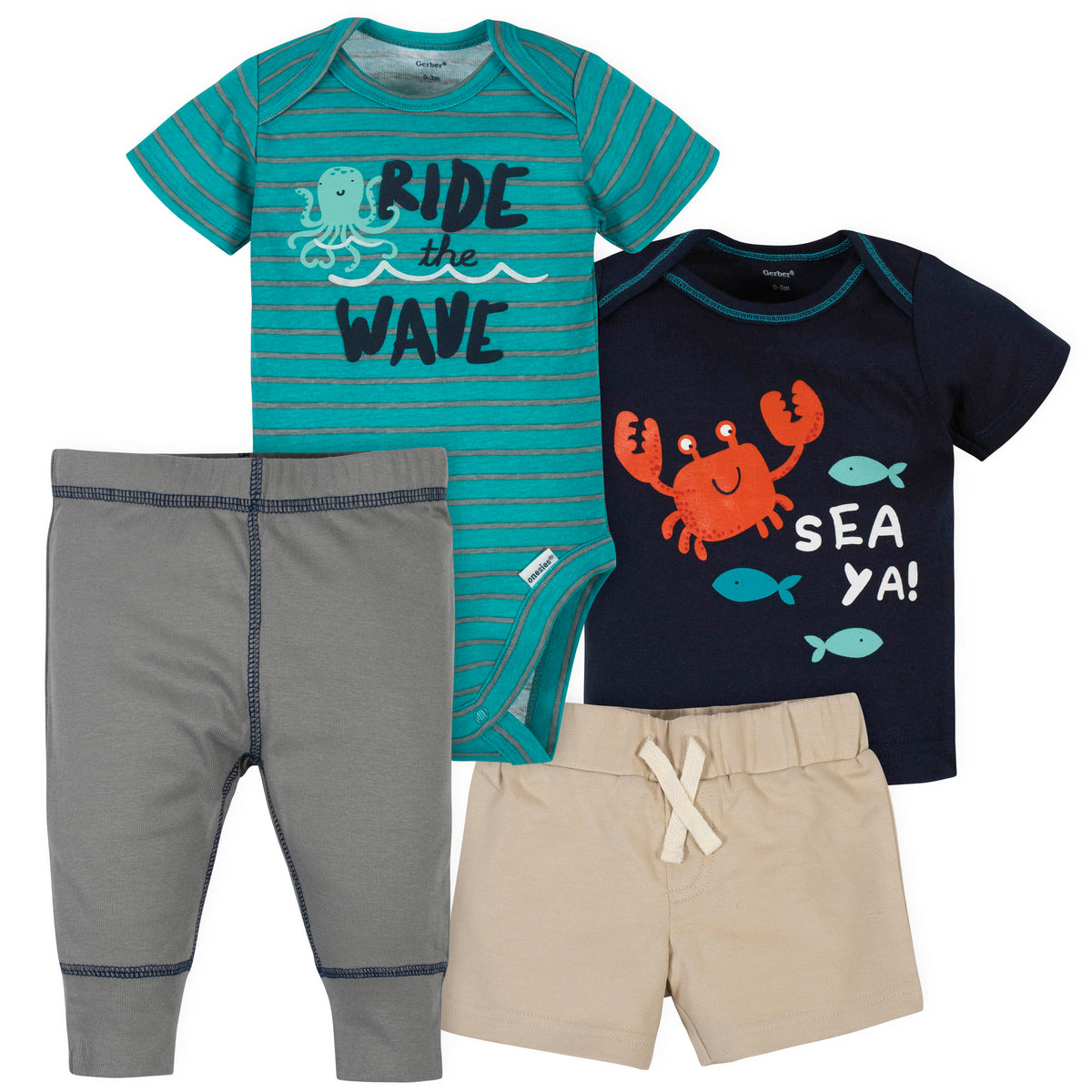 4-Piece Baby Boys Sea Onesies Bodysuit, Short, Shirt and Active Pant Set