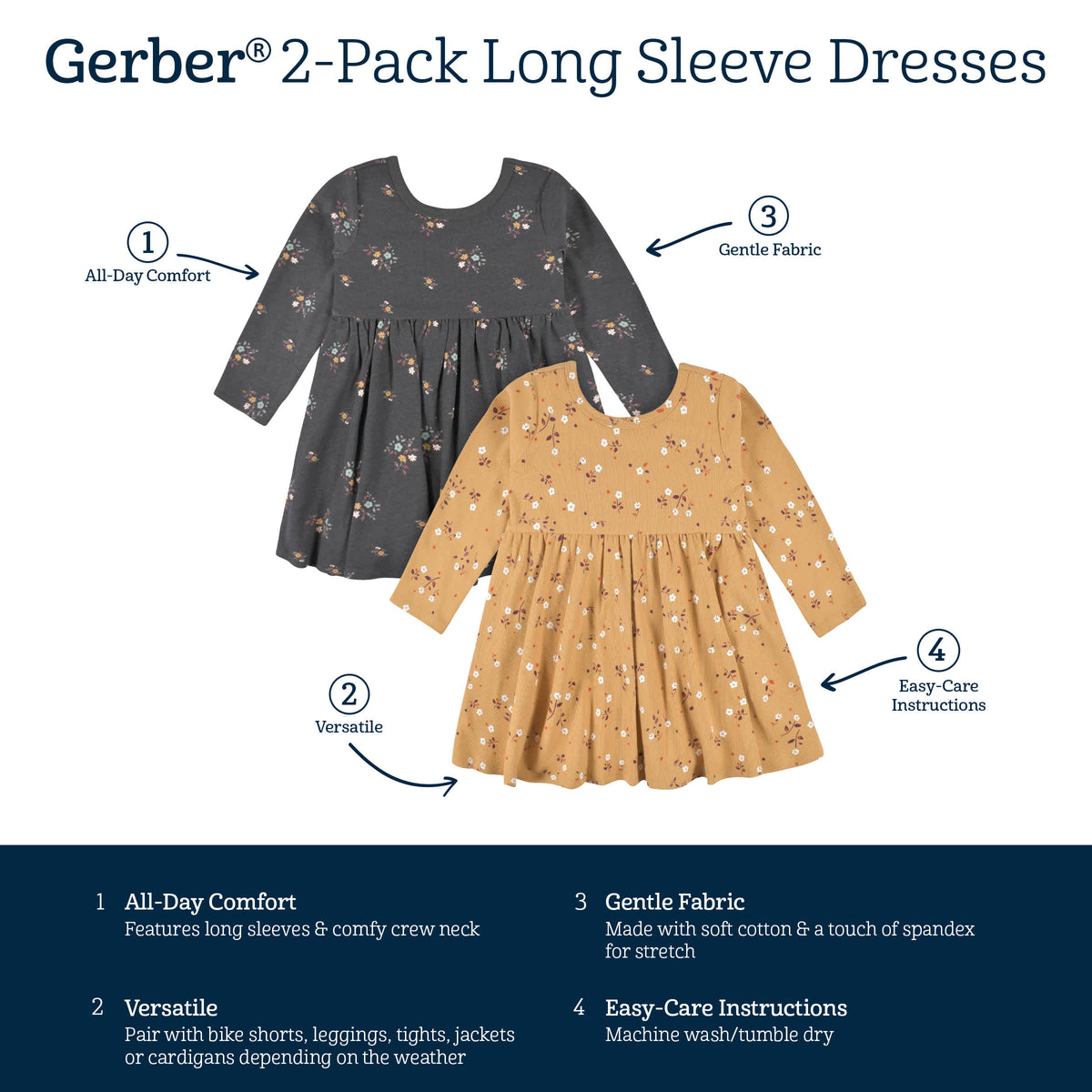 2-Pack Infant & Toddler Girls Mustard Floral Long Sleeve Dresses, view 8