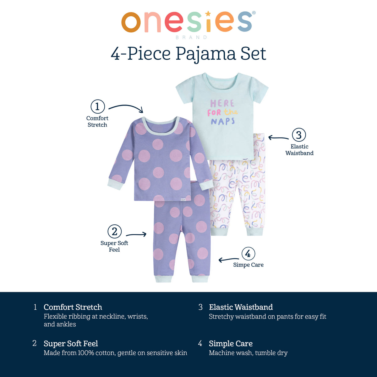 4-Piece Baby Girls Naps Pajamas Sets, view 6