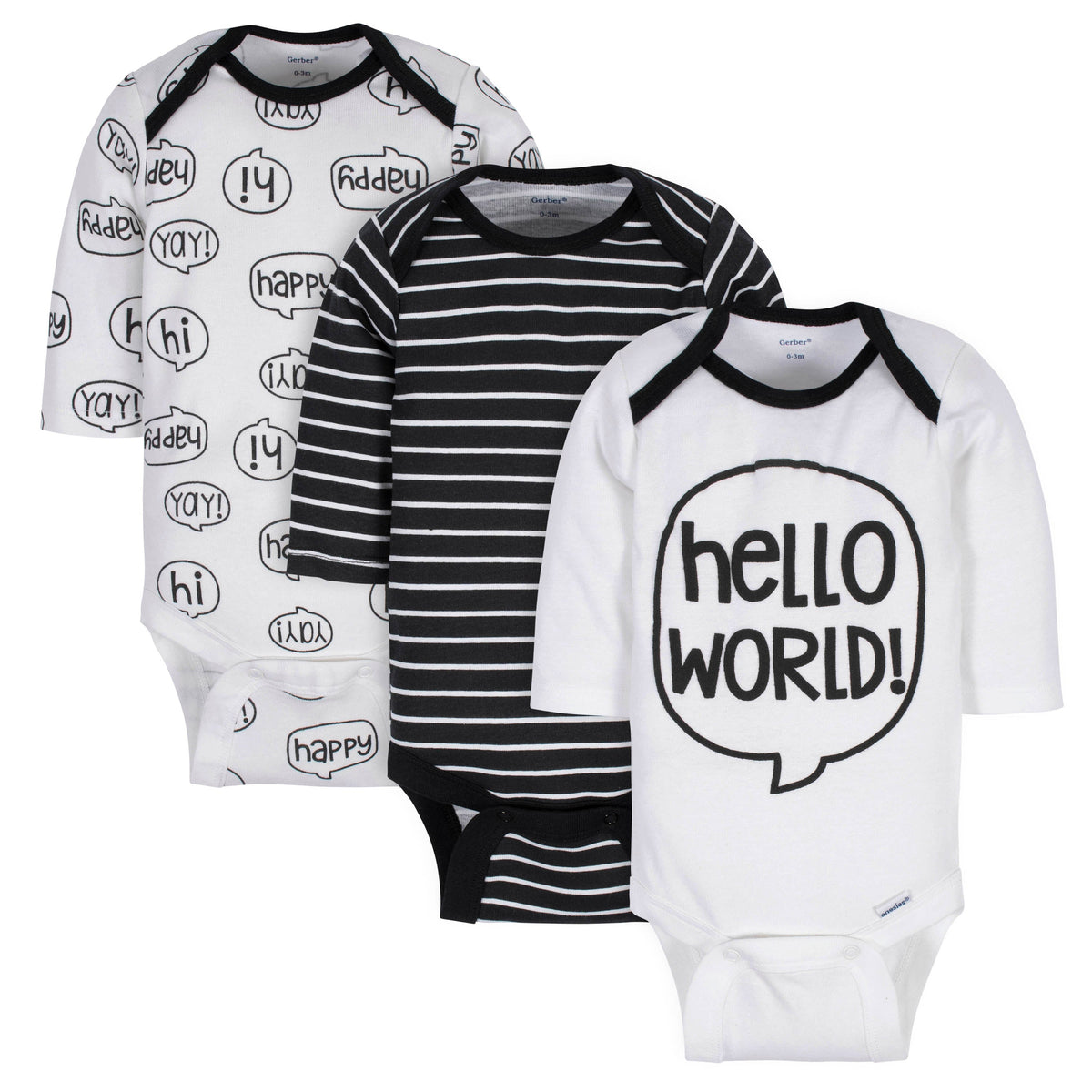 3-Pack Baby Boys "Hello" Long Sleeve Onesies Bodysuits