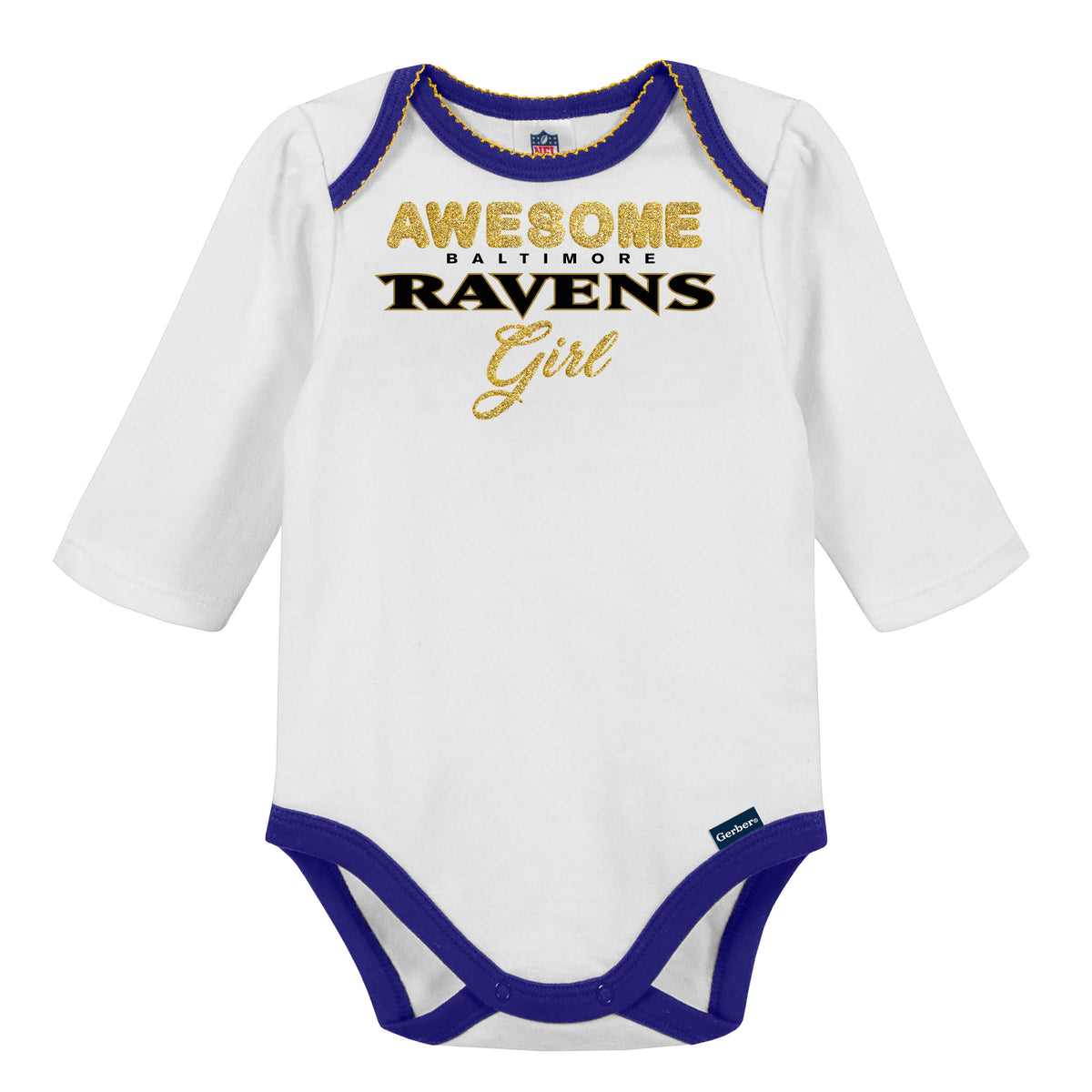 3-Piece Baby Girls Ravens Bodysuit, Footed Pant, & Cap Set, view 2