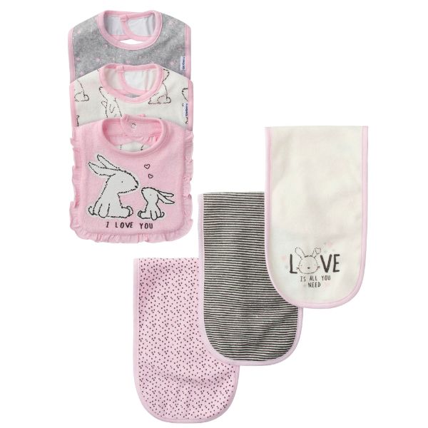6-Piece Baby Girls Bunny Bib and Burp Cloth Set