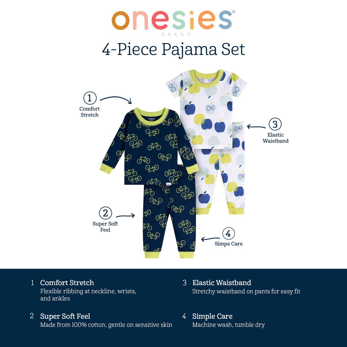 4-Piece Baby Boys Apples Pajamas Sets, view 6