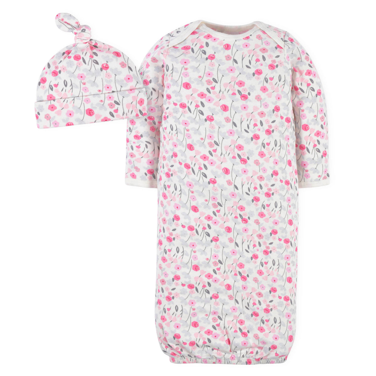 2-Piece Baby Girls Floral Gown & Cap Set