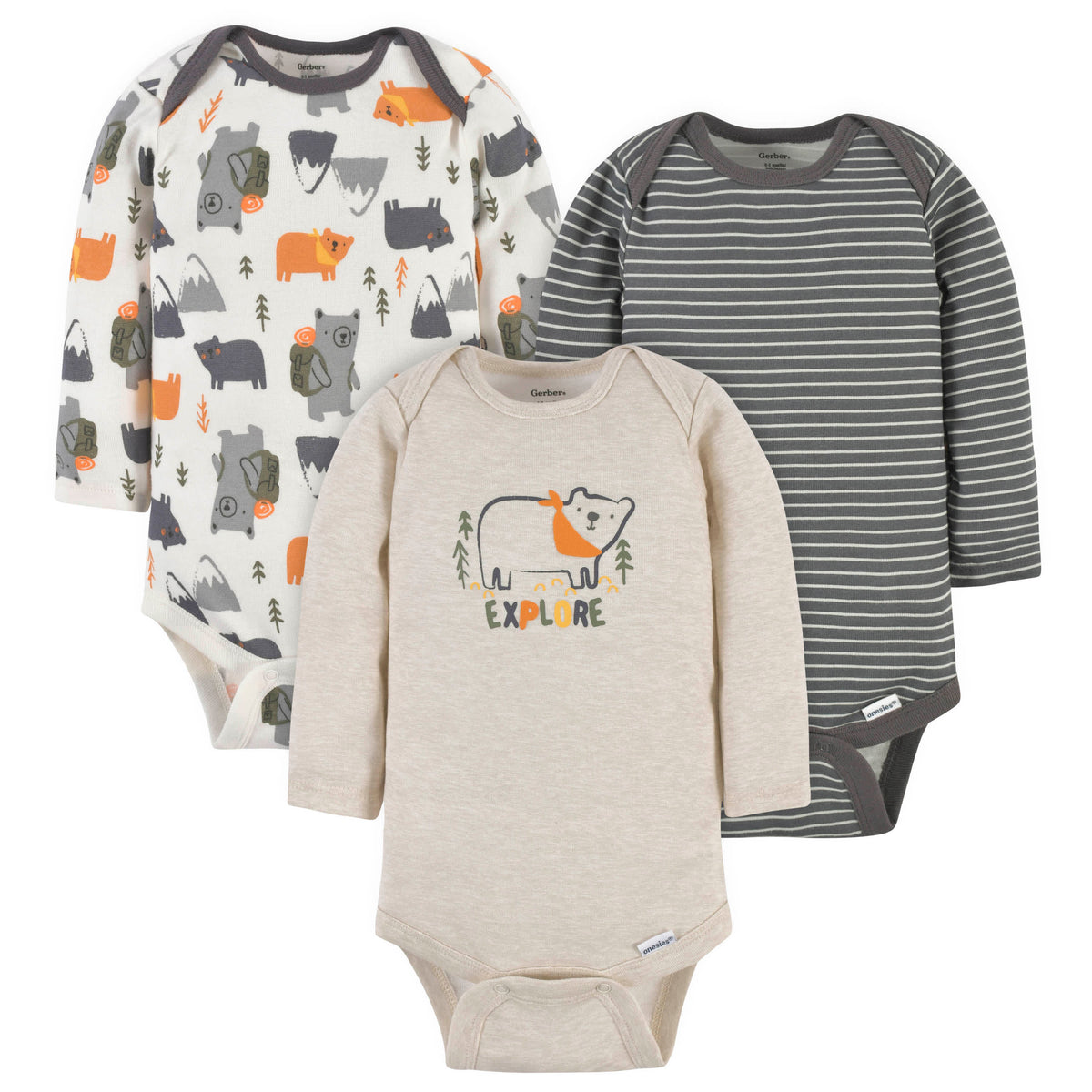 3-Pack Baby Boys Bears Long Sleeve Onesies Bodysuits
