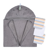 4-Piece Baby Boys Charcoal Dino Towel & Washcloths