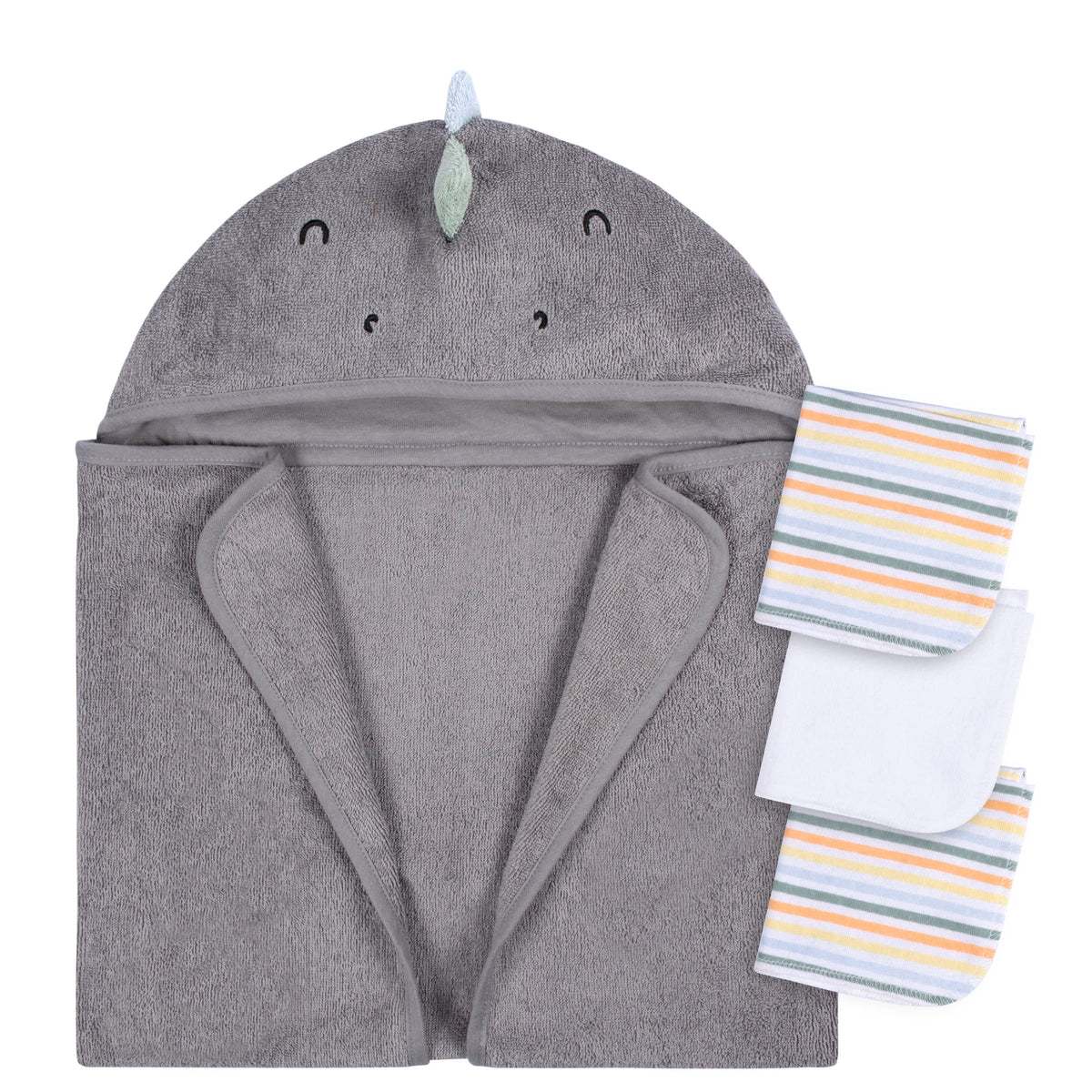 4-Piece Baby Boys Charcoal Dino Towel & Washcloths