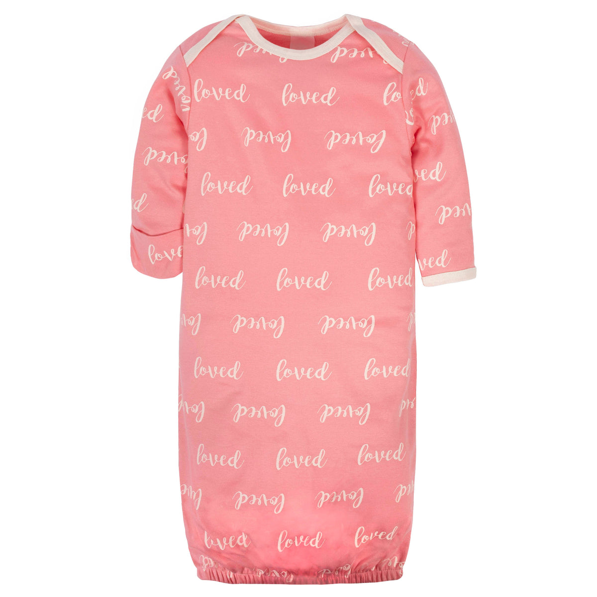 3-Piece Organic Baby Girls Loved Gown, Cap, & No Scratch Mittens Set, view 2