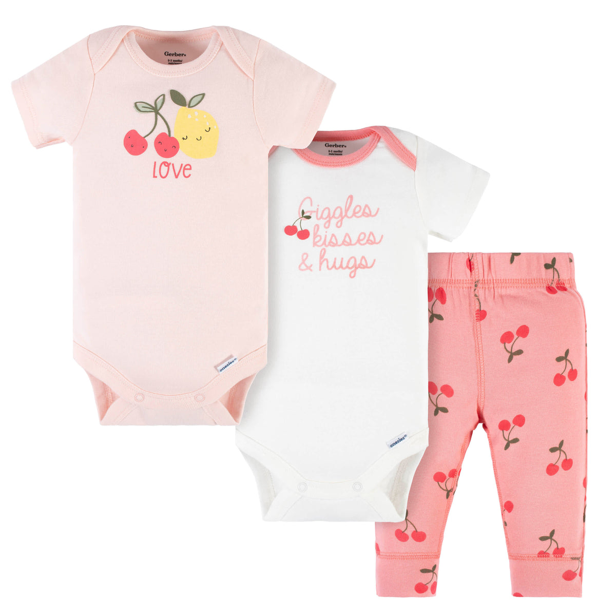 3-Piece Baby Girls Cherry Kisses Short Sleeve Onesies Bodysuits & Pants Set