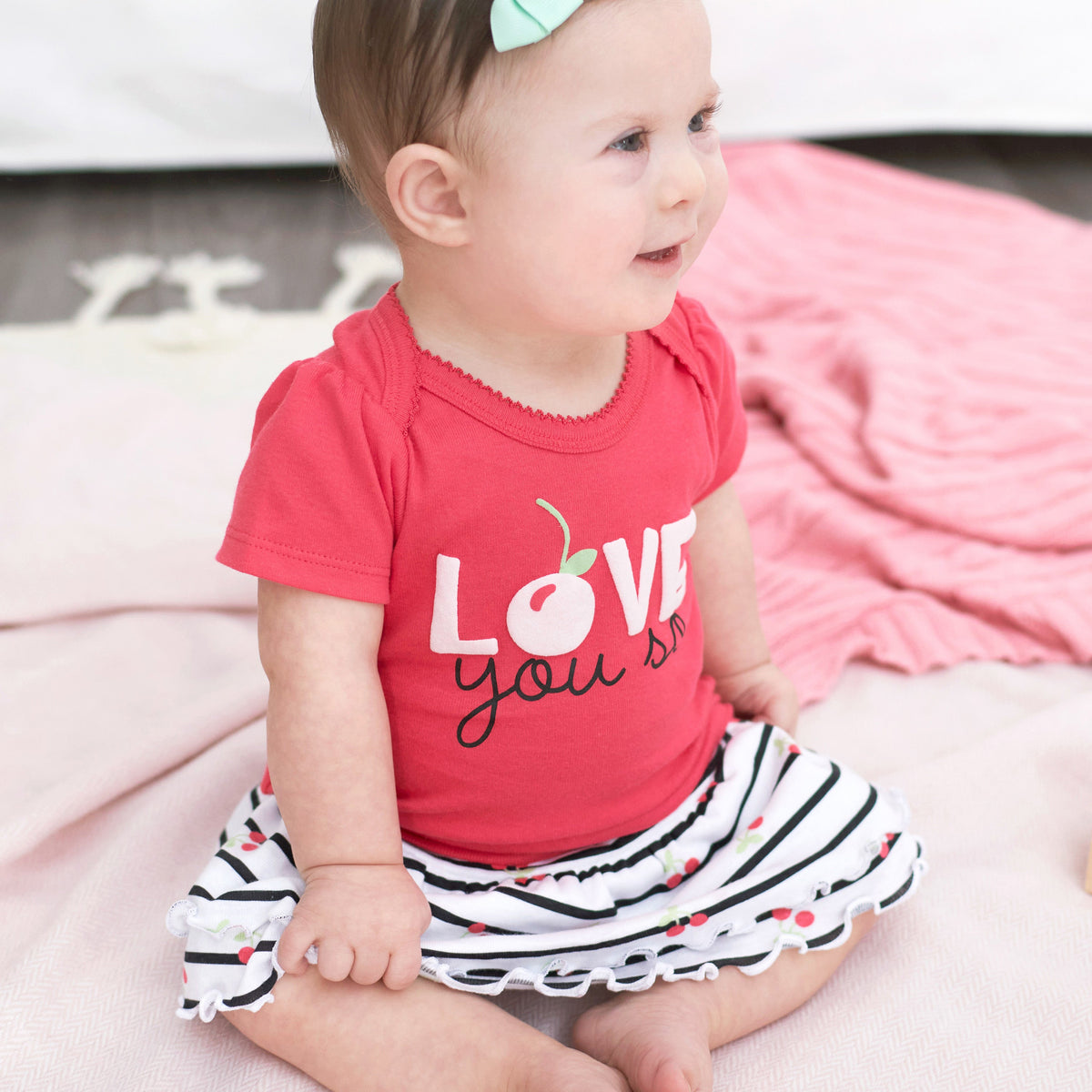 4-Piece Baby Girls Cherries Onesies Bodysuit, Skirted Panty, Shirt and Slim Pant Set, view 4