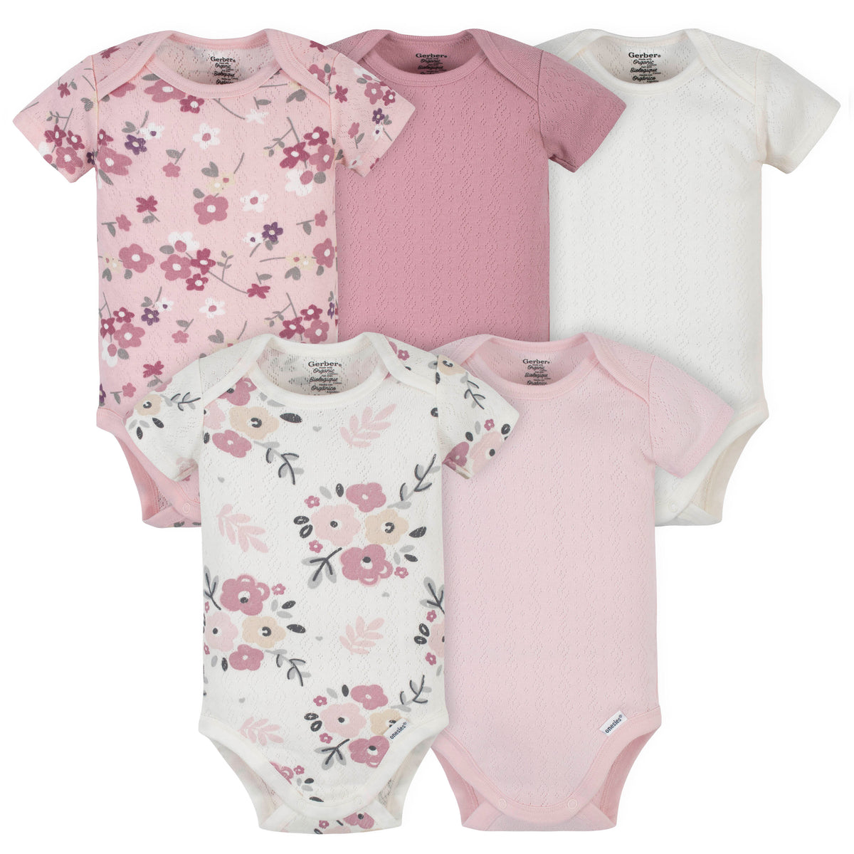 5-Pack Organic Baby Girls Floral Short Sleeve Onesies Brand Bodysuits