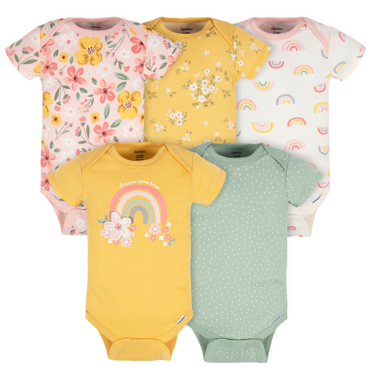 5-Pack Baby Girls Golden Floral Onesies Bodysuits