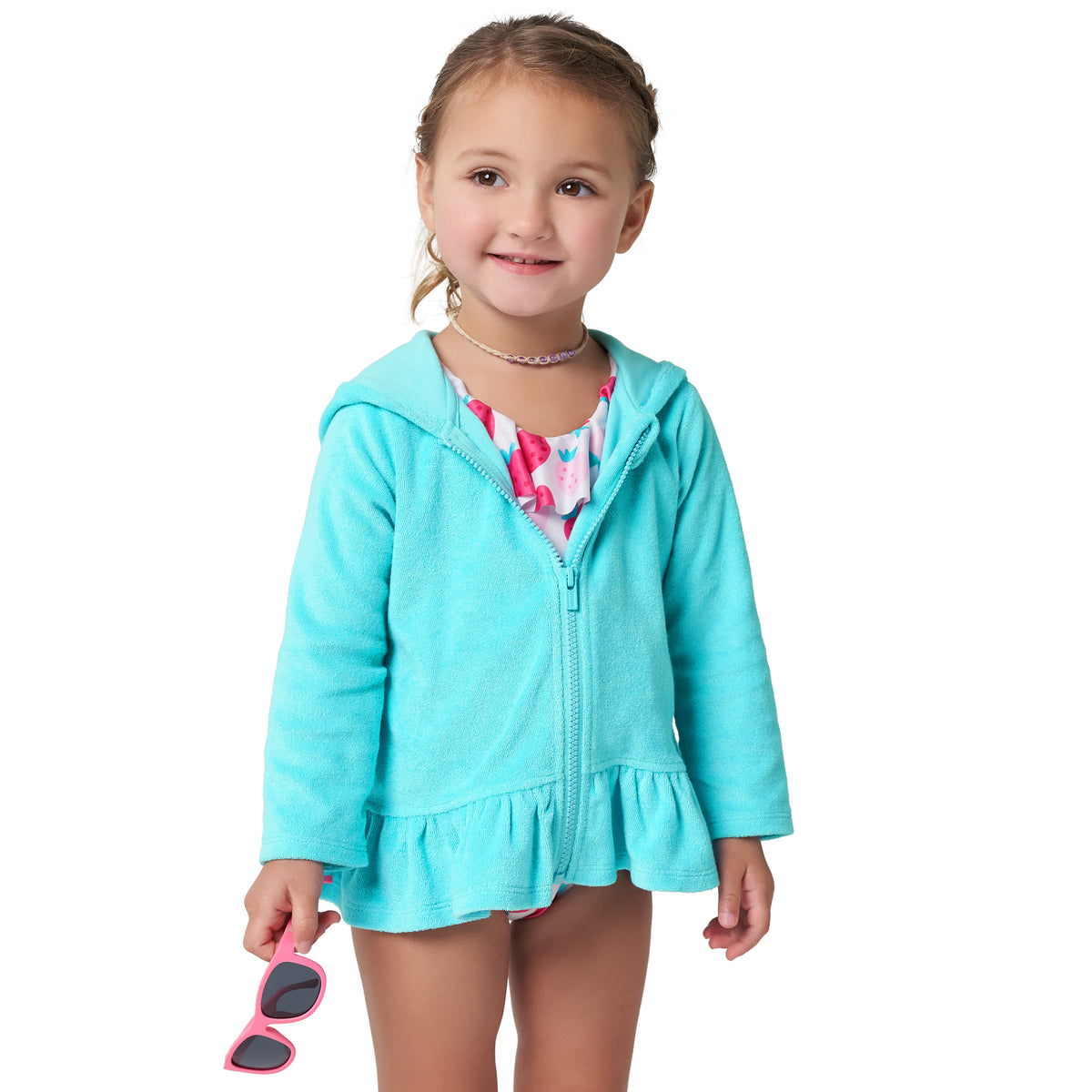 Baby & Toddler Girls Aqua Hooded Zip Front Terry Coverup, view 2