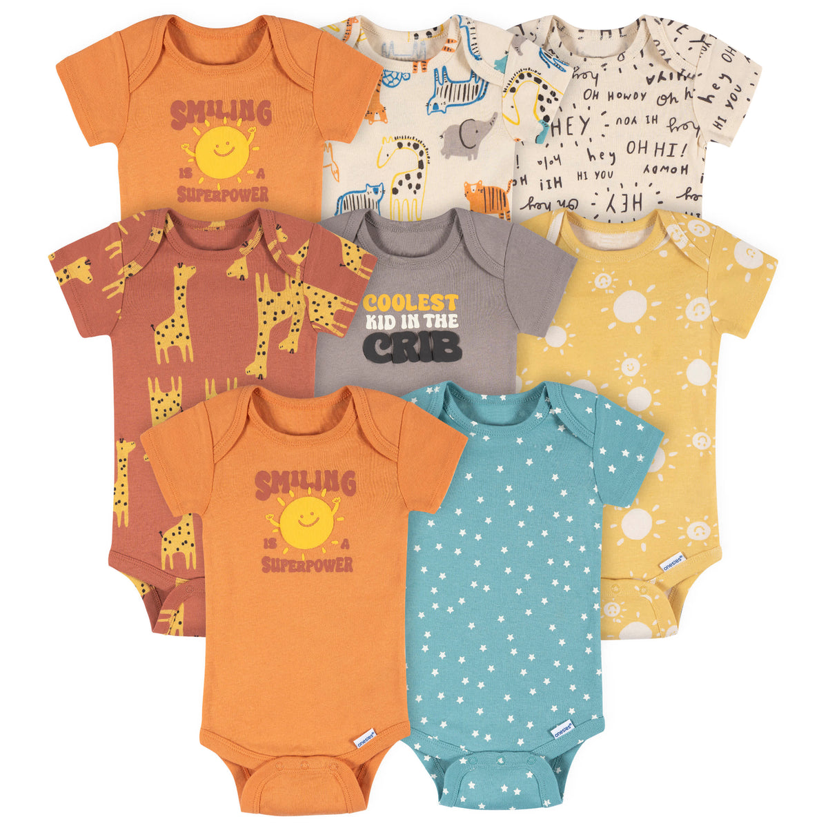 8-Pack Baby Neutral Hello Naptime Short Sleeve Onesies Bodysuits