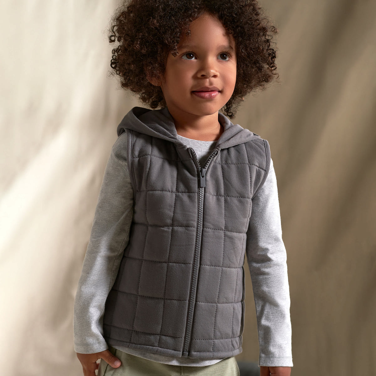Modern Moments by Gerber Infant & Toddler Boys Gray Quilted Hooded Vest, view 5