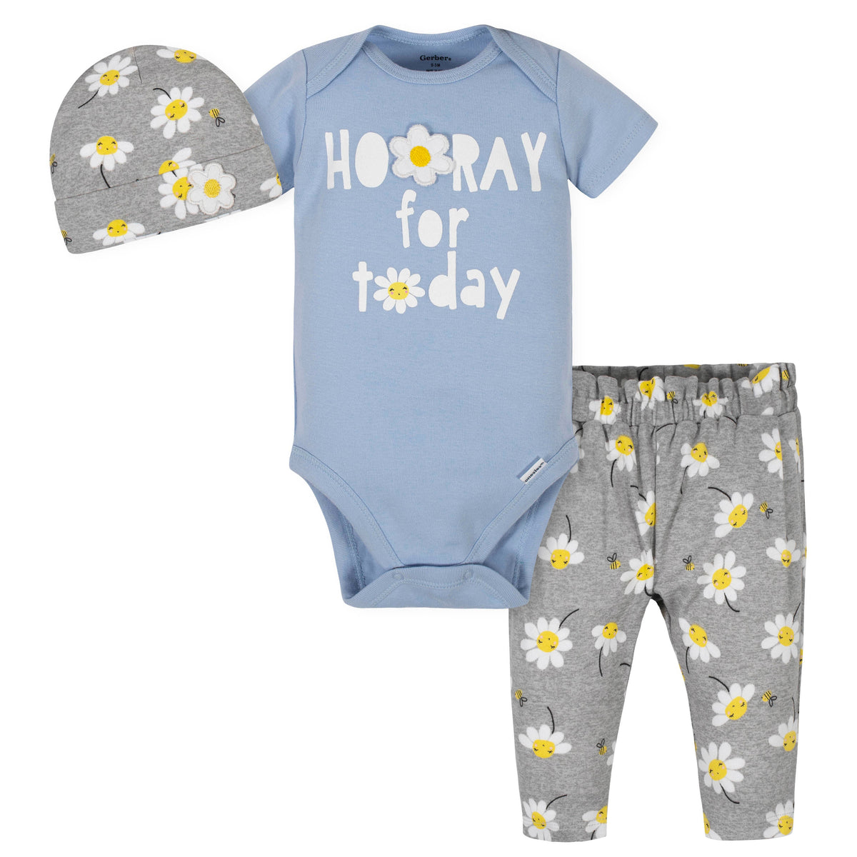 3-Piece Baby Girls Daisies Bodysuit, Pant, and Cap Set