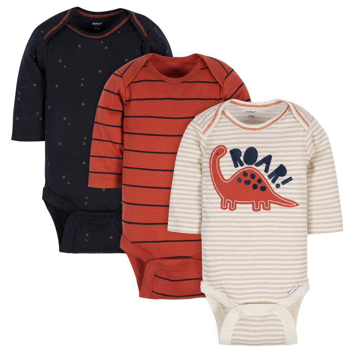 3-Pack Baby Boys Dinosaur Long Sleeve Onesies Bodysuits