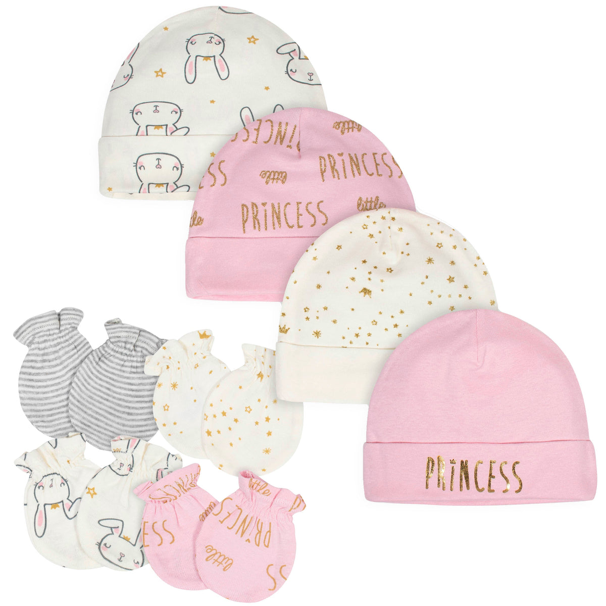 8-Piece Baby Girls Princess Caps and Mittens Bundle