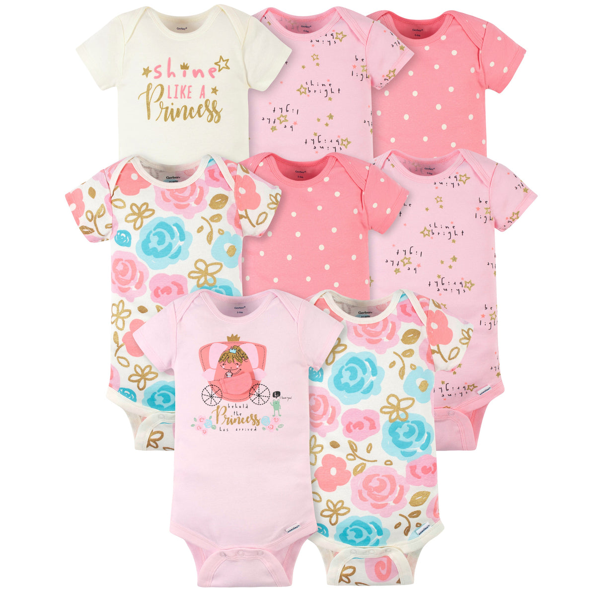 8-Pack Baby Girls Princess Short Sleeve Onesies Brand Bodysuits