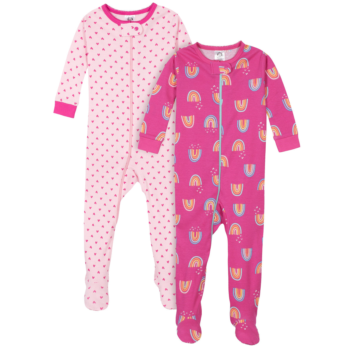 2-Pack Girls Rainbows Snug Fit Footed Cotton Pajamas