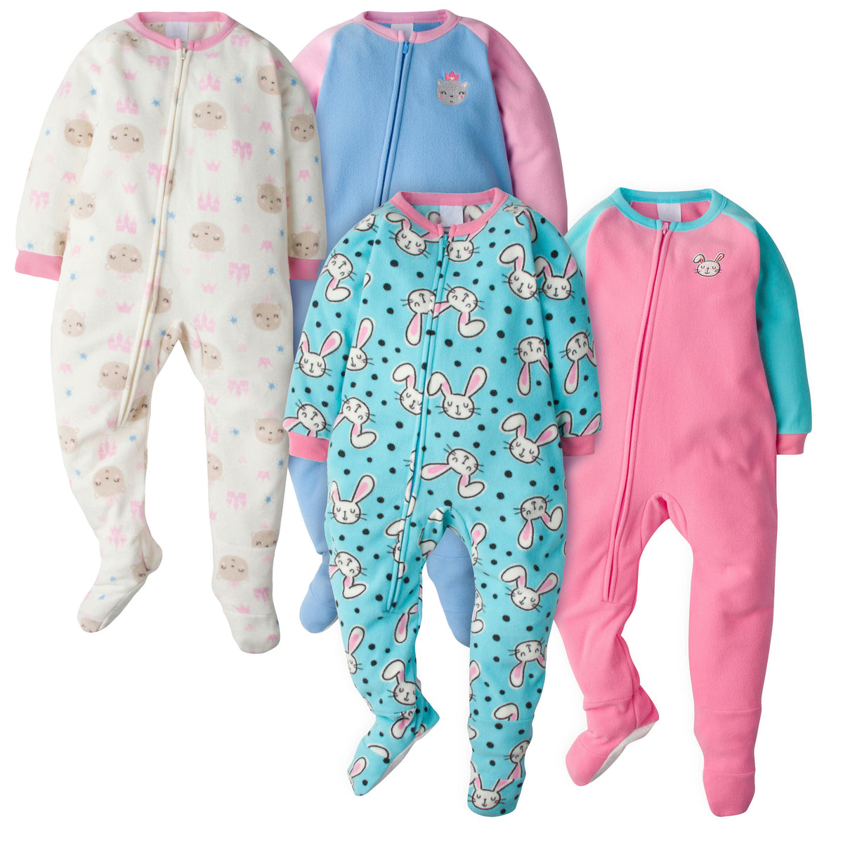 4-Pack Toddler Girls Bunnies & Princess Bear Blanket Sleepers