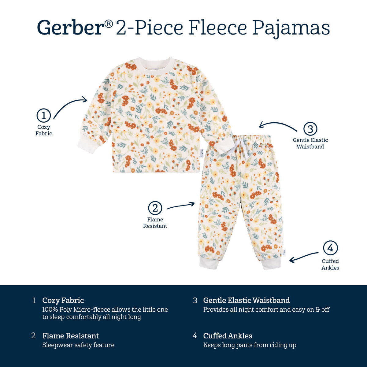 2-Piece Infant & Toddler Girls Ivory Floral Fleece Pajamas, view 8