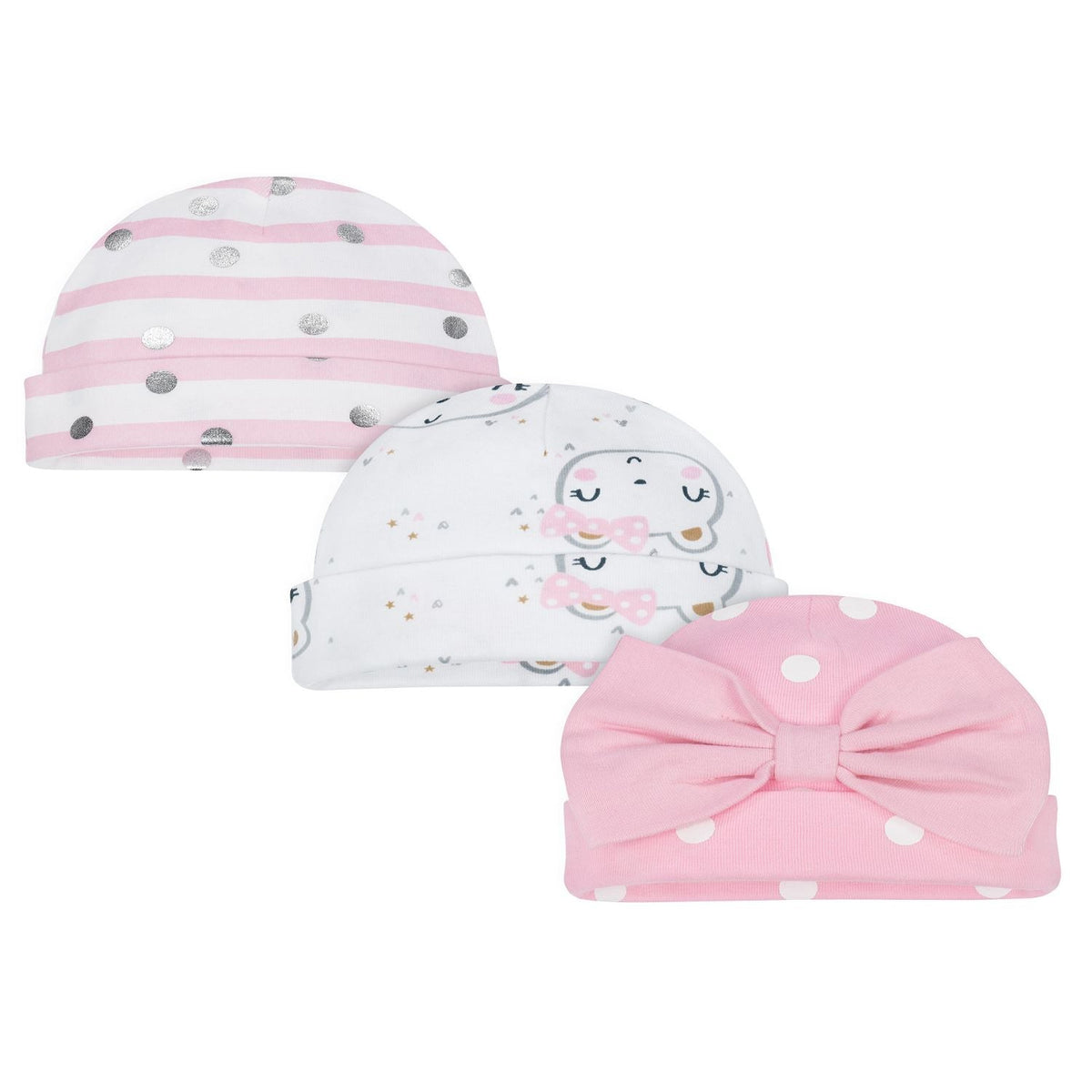 Newborn Baby Girl Organic Cotton Rib Caps, 3-pack