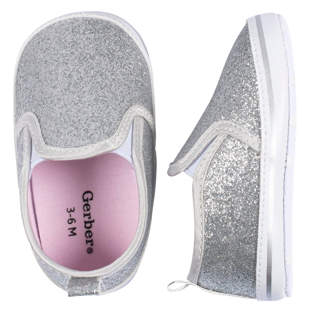 Baby Girls Silver Glitter Slip-On Sneaker, view 2