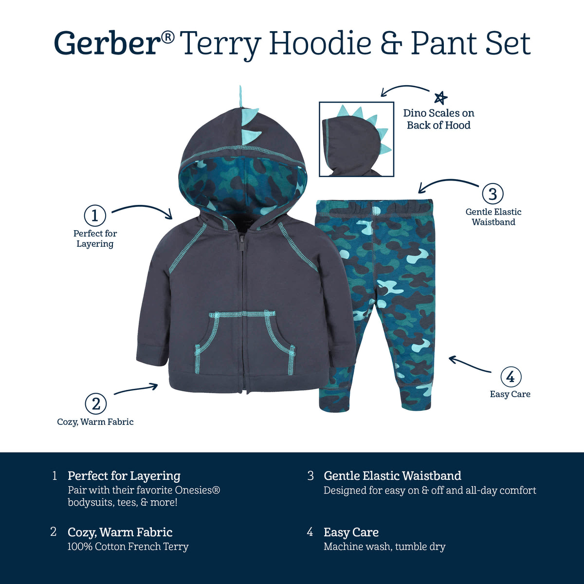 2-Piece Baby & Toddler Boys Navy Dino Terry Zip Hoodie & Joggers Set, view 7