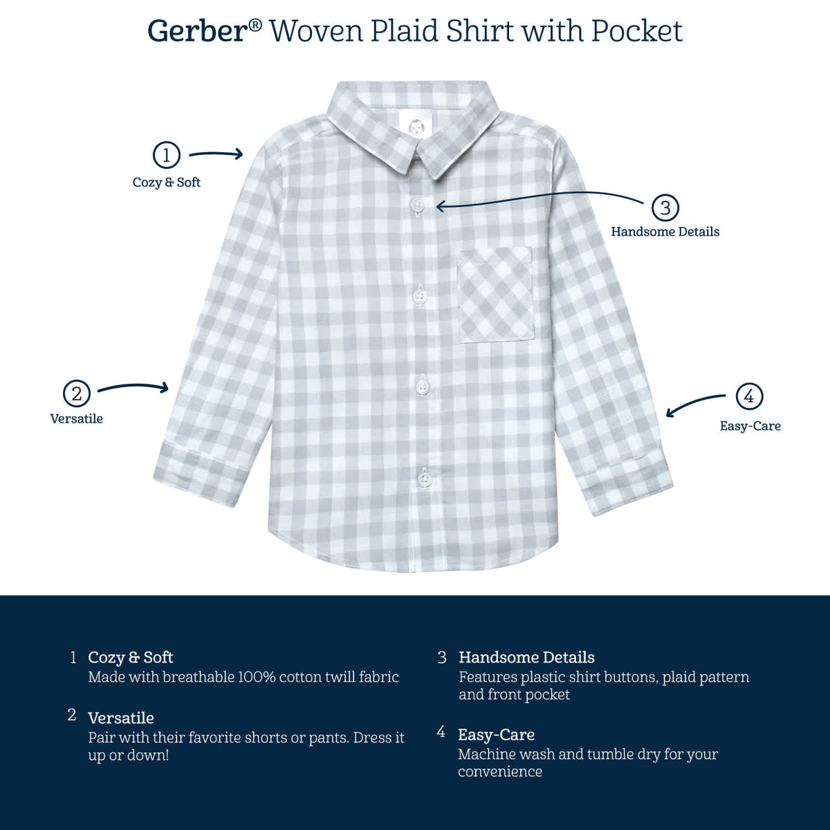 Infant & Toddler Boys Gray Plaid Woven Plaid Shirt, view 4