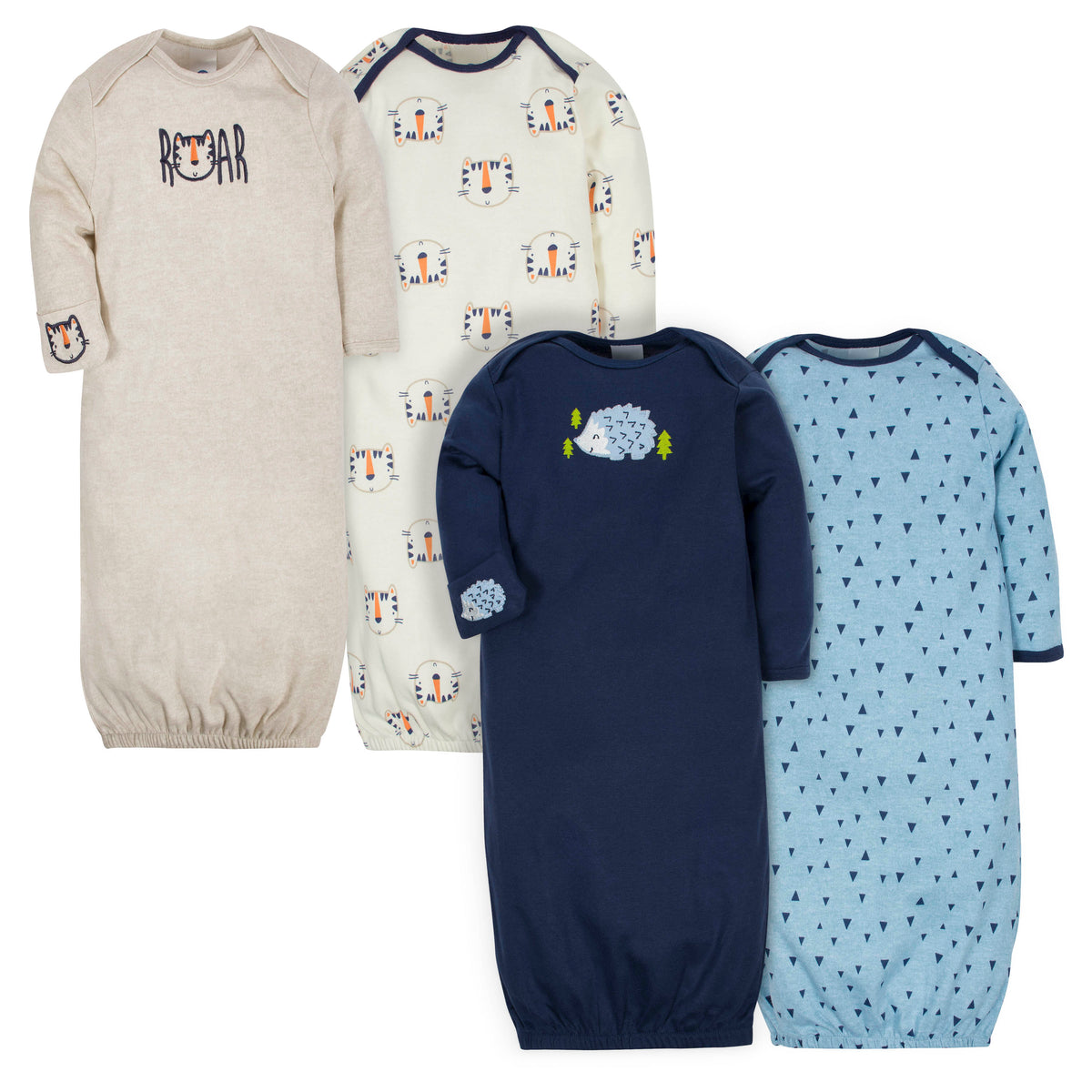 4-Pack Baby Boys Tiger & Hedgehog Gowns