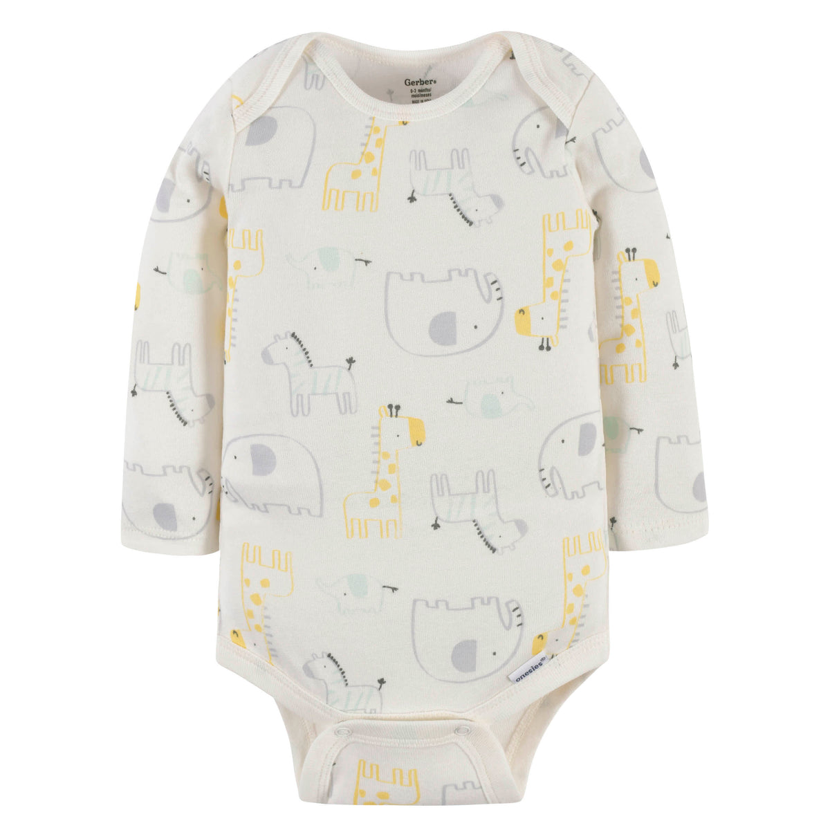 3-Pack Baby Neutral Elephants & Giraffes Long Sleeve Onesies Bodysuits, view 4