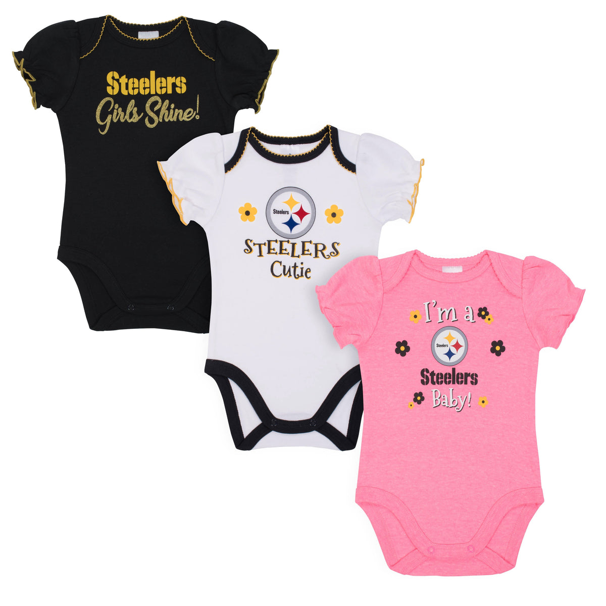 3-Pack Pittsburgh Steelers Short Sleeve Bodysuits