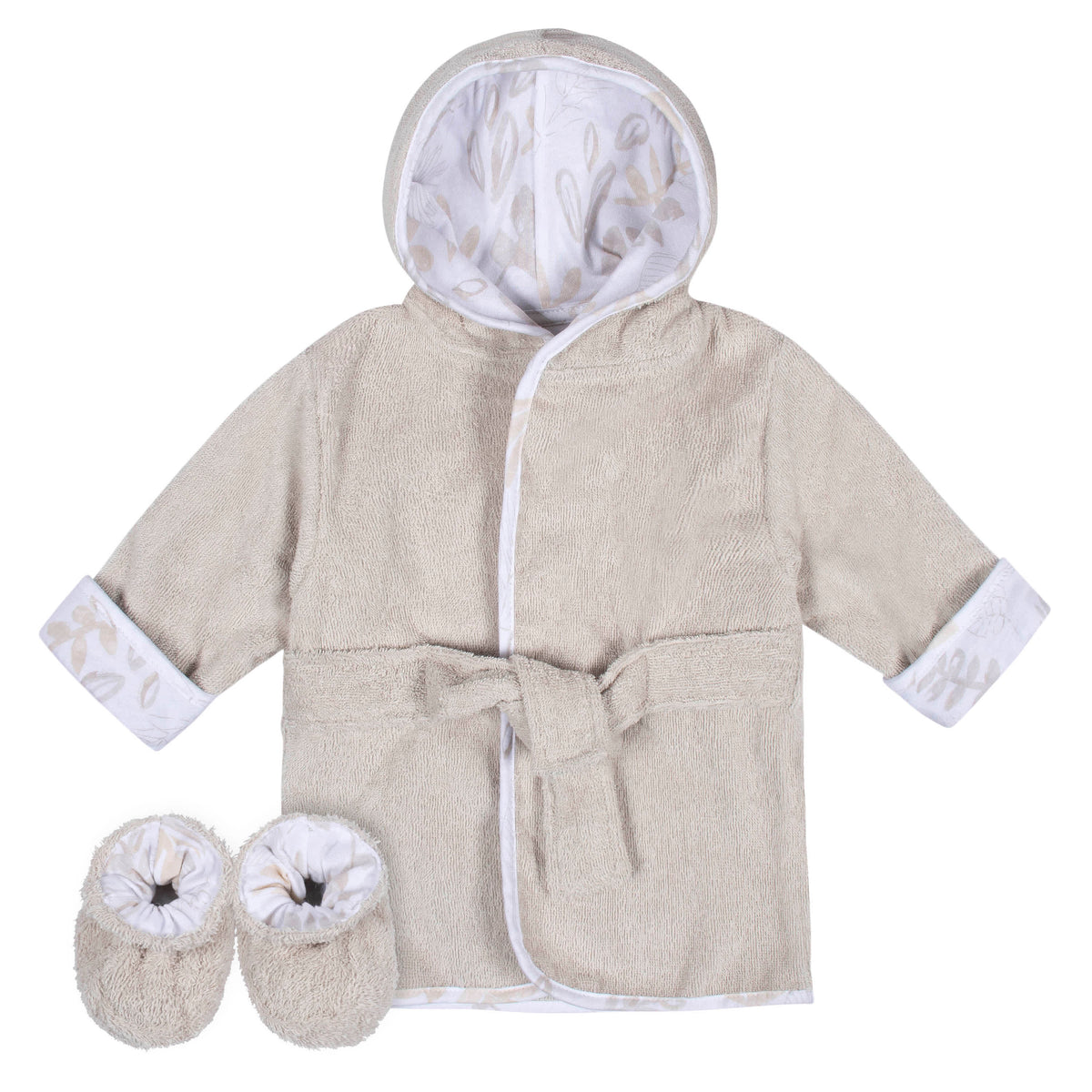 2-Piece Baby Neutral Natural Leaves Bathrobe & Booties Set