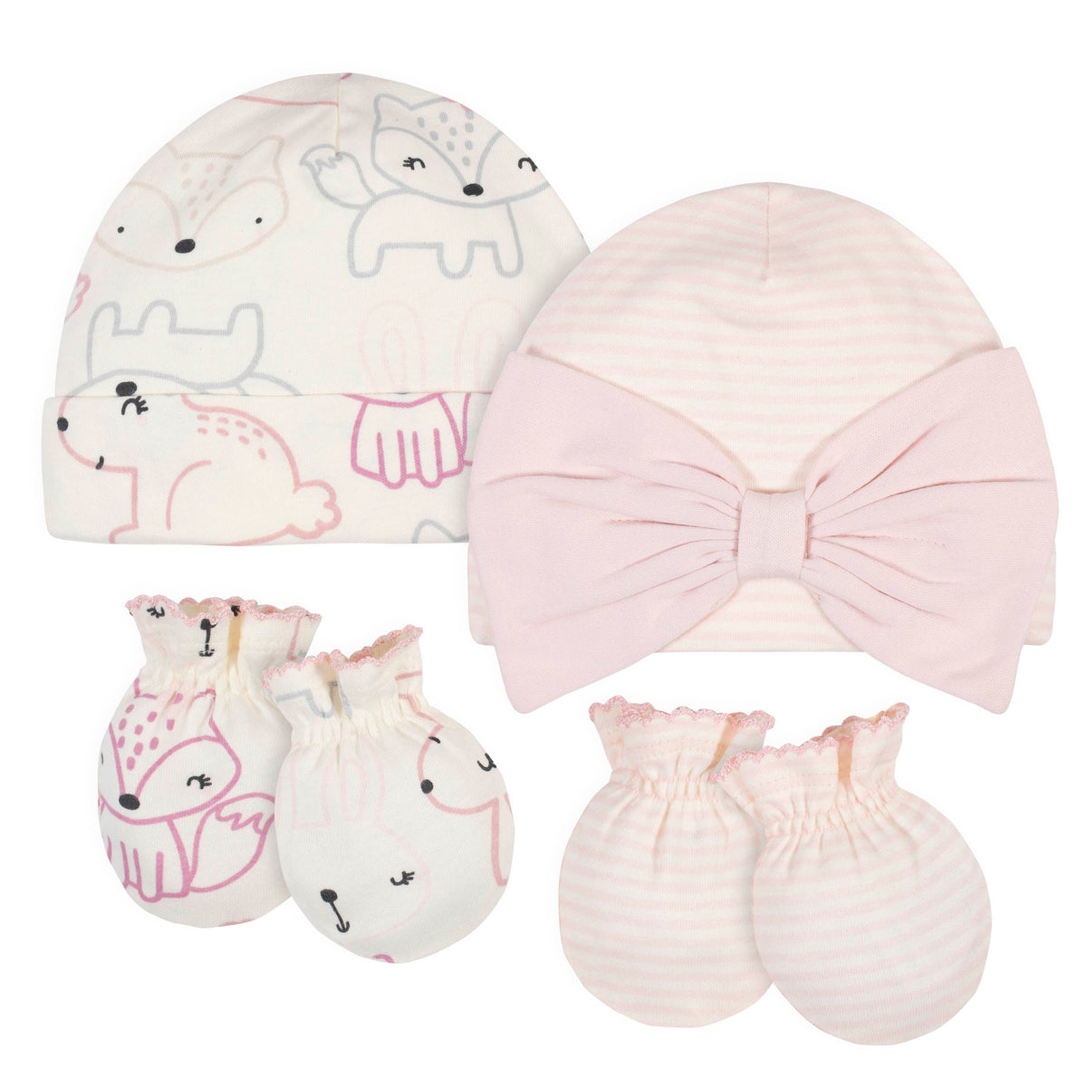 4-Piece Organic Baby Girls Wild Flower Caps & No Scratch Mittens Set