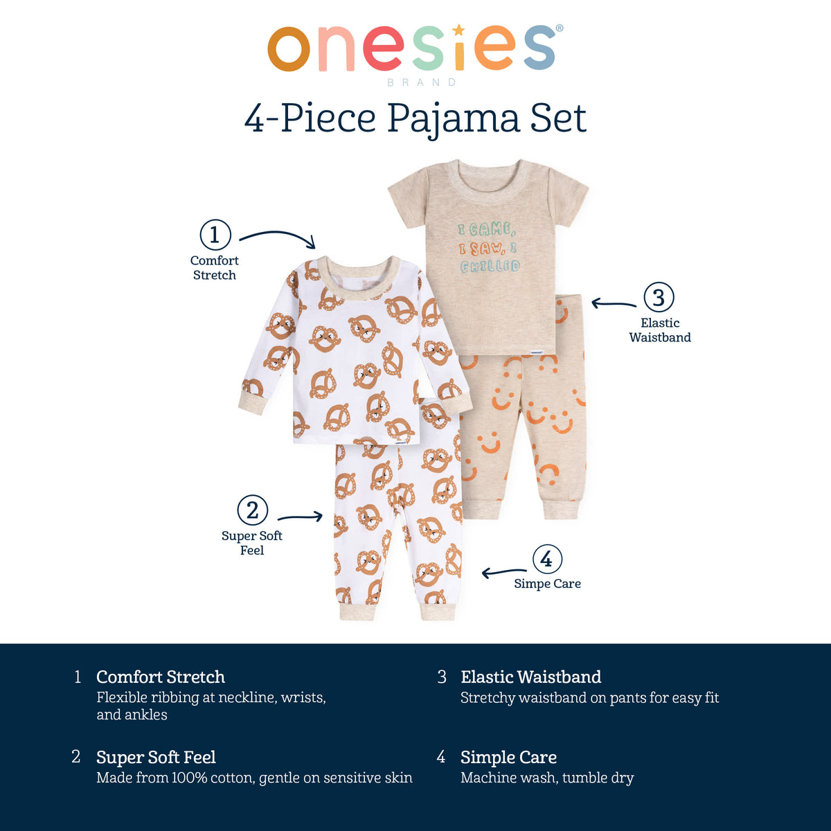 4-Piece Baby Neutral Pretzels Pajamas Sets, view 6