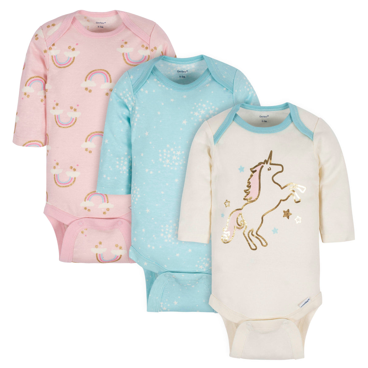 3-Pack Baby Girls Rainbow Long Sleeve Onesies Bodysuits