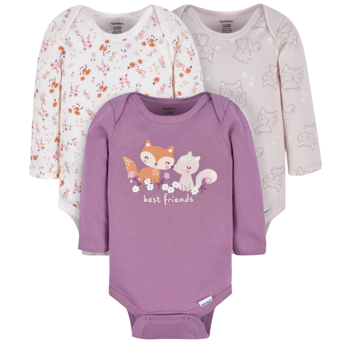 3-Pack Baby Girls Purple Woodland Long Sleeve Onesies Bodysuits
