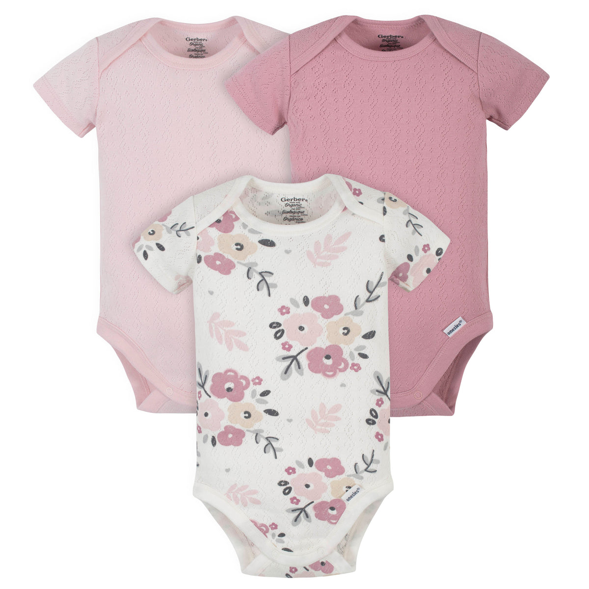 3-Pack Organic Baby Girls Wild Flower Short Sleeve Onesies Bodysuits