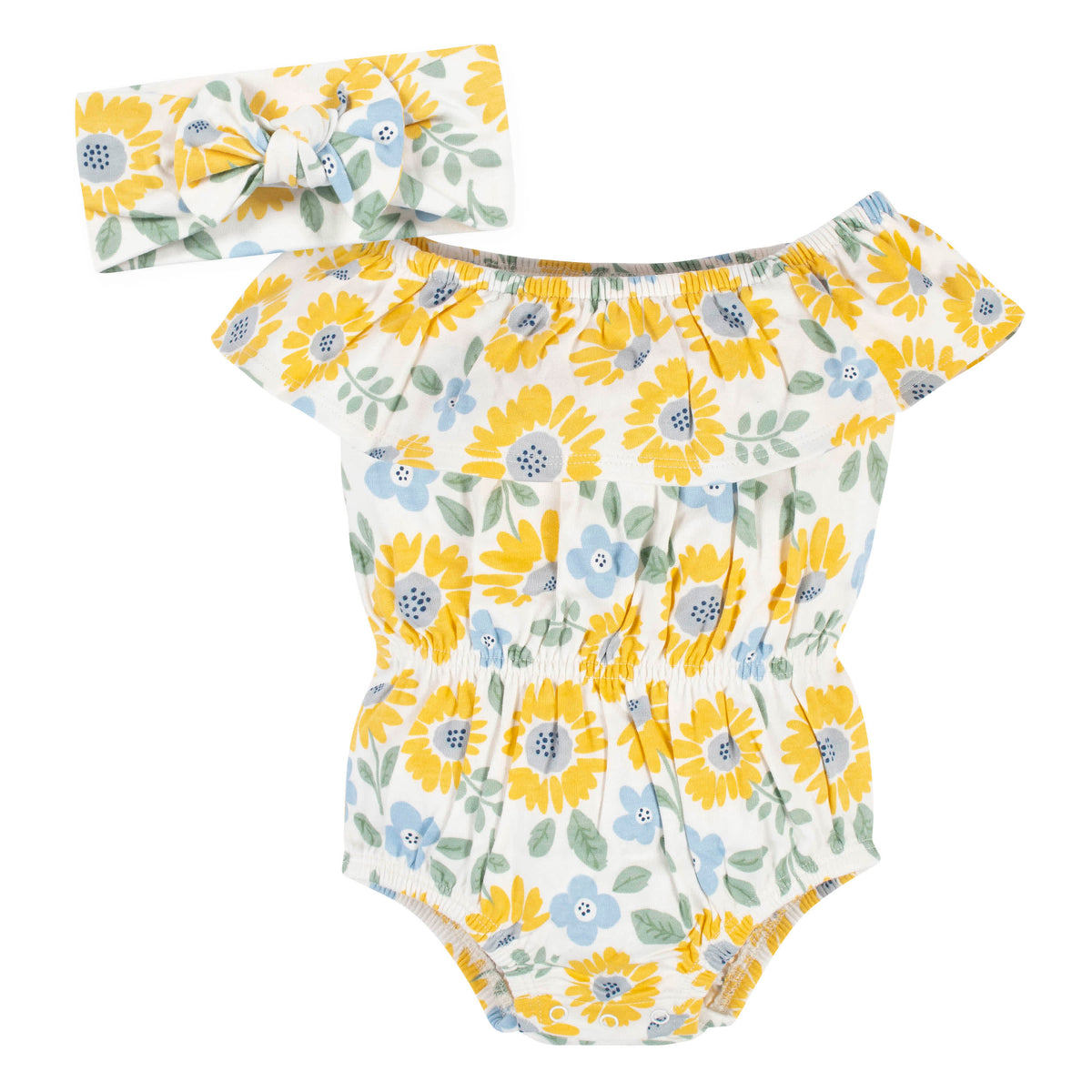2-Piece Baby Girls Sunny Garden Wide Neck Romper & Headband Set