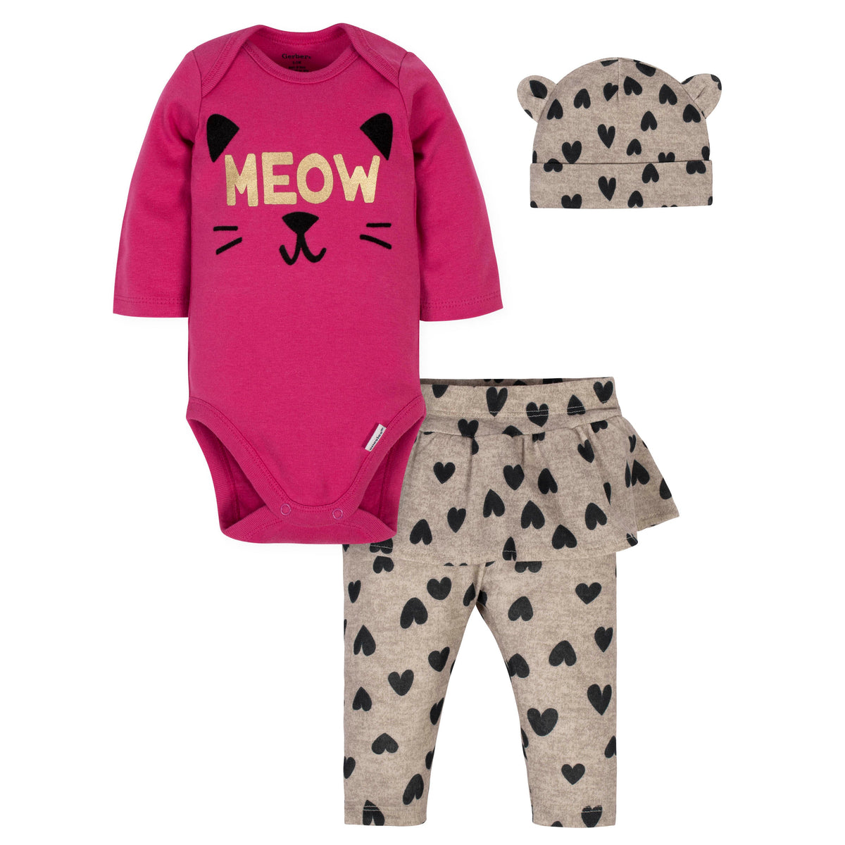3-Piece Baby Girls Kitty Bodysuit, Pant, & Cap Set